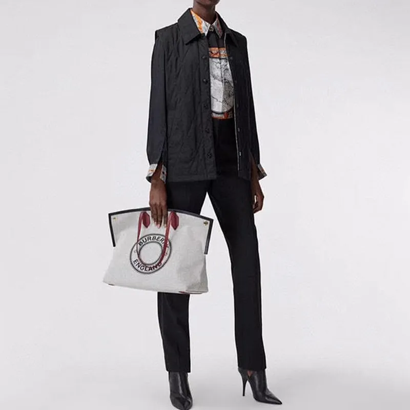 Burberry Cotton Patchwork Canvas Tote Bag Shopping Bag Handbag Shoulder Bag Women's Black White-4