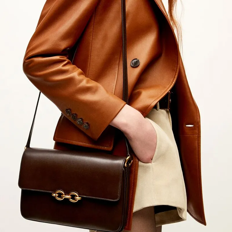 SAINT LAURENT LE MAILLON Leather Shoulder Bag, Crossbody Bag Women's Chestnut Brown-6