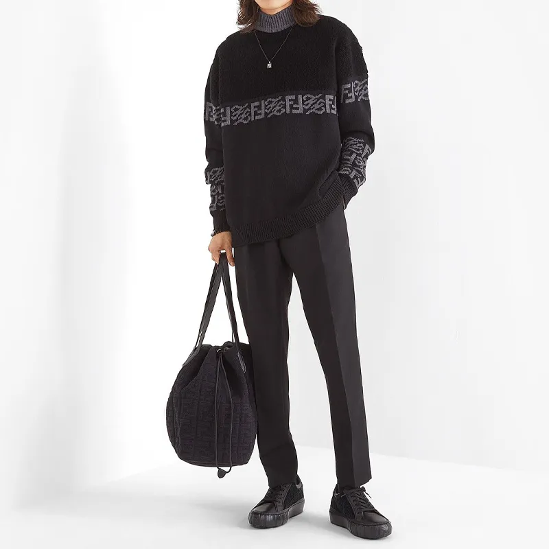 FENDI Nylon Plain Weave Fabric Material Tote Bag Shopping Bag Shoulder Bag Handbag Large Size Men's Black-4
