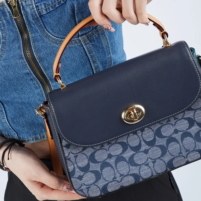 COACH Marlie Leather Satchel Bag, Small Square Bag, Handbag, Shoulder Bag, Crossbody Bag Medium Size Women's Denim Blue-4