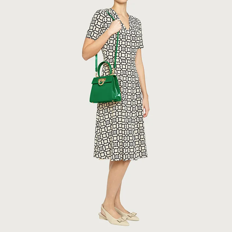 FERRAGAMO Museum Brushed Cow Leather Handbag Trumpets Women's Bright Green-4