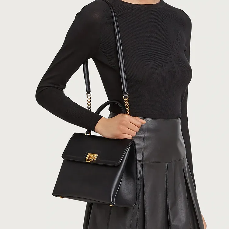 FERRAGAMO Calfskin One Shoulder Handbag Regular Women's Black-5