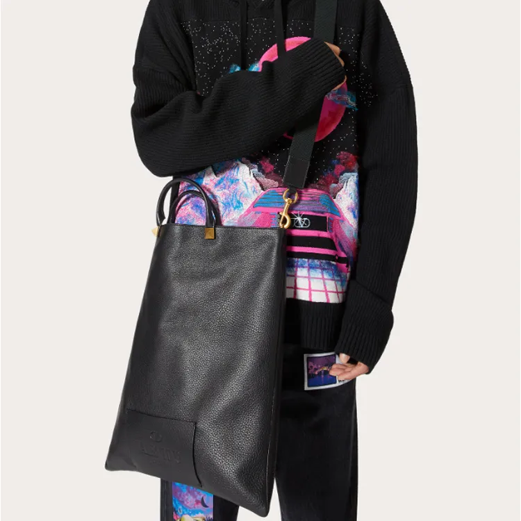 Valentino Cow Leather Tote Bag, Shopping Bag, Shoulder Bag, Crossbody Bag, Handbag Unisex Black-5