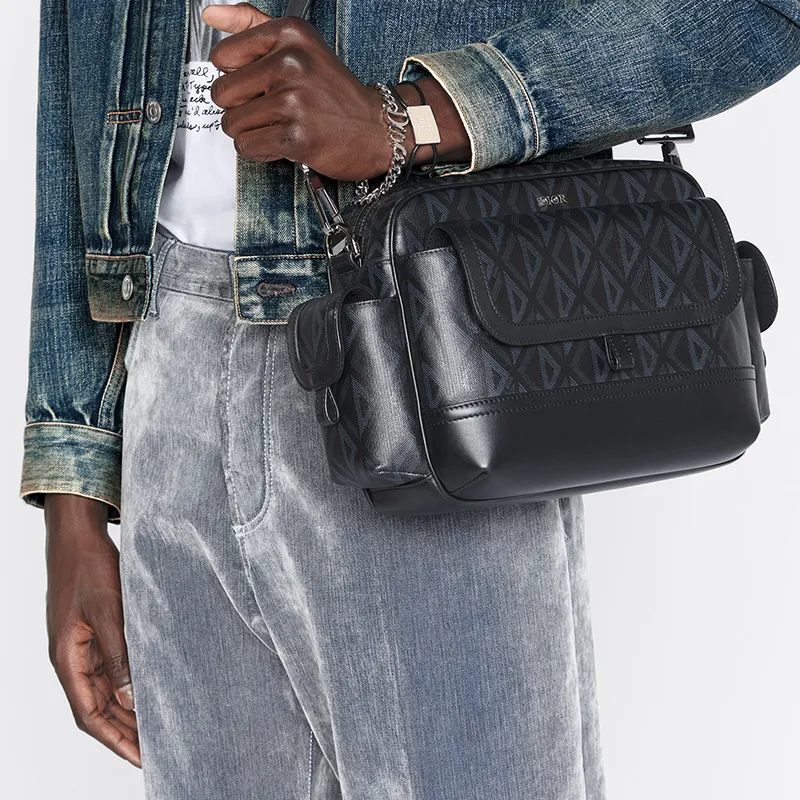 DIOR CD Diamond Canvas With Smooth Calfskin Messenger Bag Handbag Shoulder Bag Crossbody Bag Men's Black-6