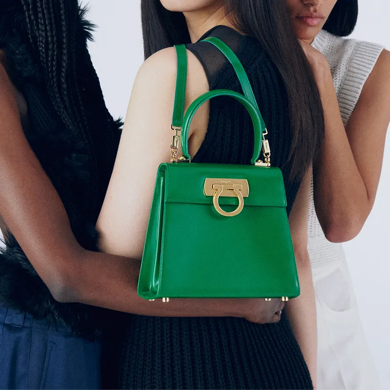 FERRAGAMO Museum Brushed Cow Leather Handbag Trumpets Women's Bright Green-5