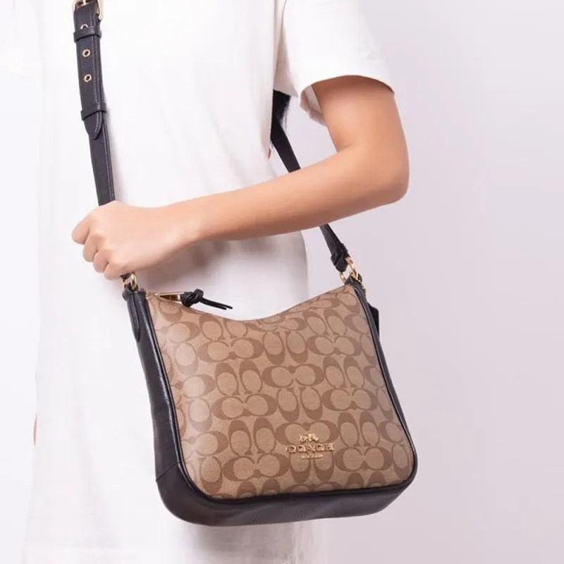 COACH Ellie Canvas Leather Shoulder Bag, Crossbody Bag Medium Size Unisex Khaki Brown-5