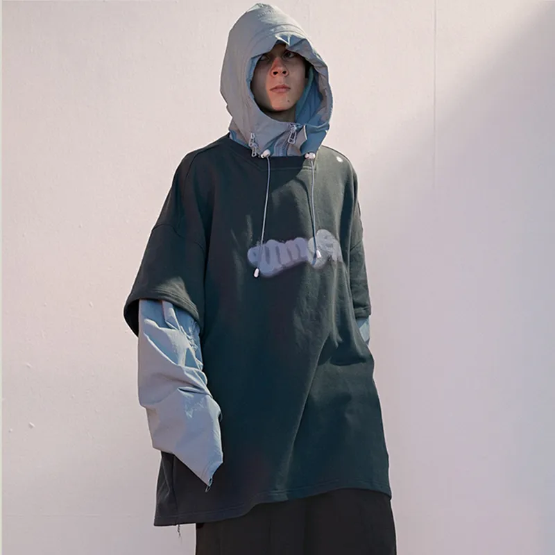 Umamiism Hooded Loose Fit Mock Two Piece Sweatshirt Fall Winter Unisex Light Blue-1