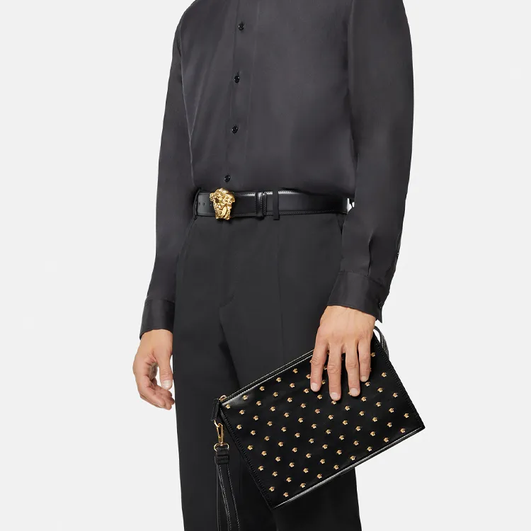 VERSACE Leather Handheld Handbag Men's Black-4