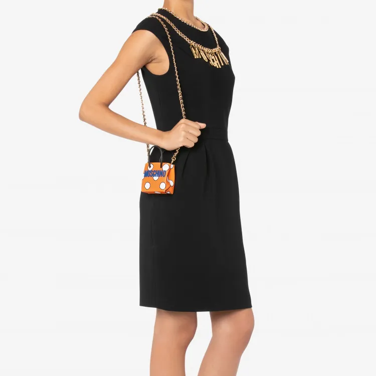 MOSCHINO Fabric With Cow Leather Chain Bag Handbag Shoulder Bag Crossbody Bag Mini Women's Orange-5