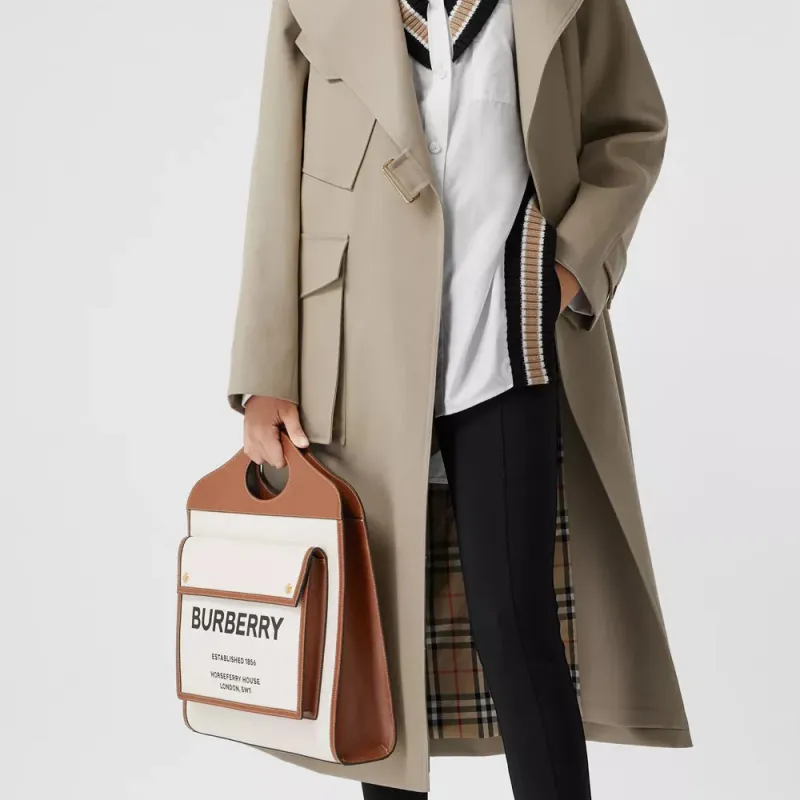 Burberry Medium Two Tone Canvas And Leather Pocket Bag Natural/Malt Brown-5