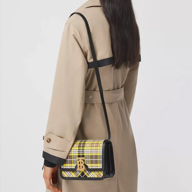 Burberry Cotton Fabric With Calfskin Shoulder Bag Crossbody Bag Small Size Women's Mango Yellow With Floral Pattern-7