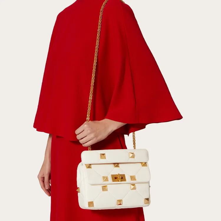 Valentino ROMAN STUD Nappa Sheepskin Handbag, Shoulder Bag, Crossbody Bag Medium Size Women's White-5