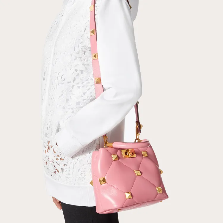Valentino Roman Stud Sheepskin Leather Shoulder Bag Crossbody Bag Handbag Small Size Women's Pink-7