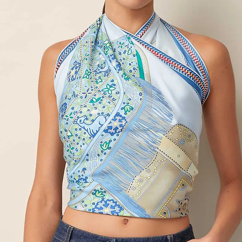 HERMES Silk Scarves Women's Sky Blue/Denim Blue/Green-1
