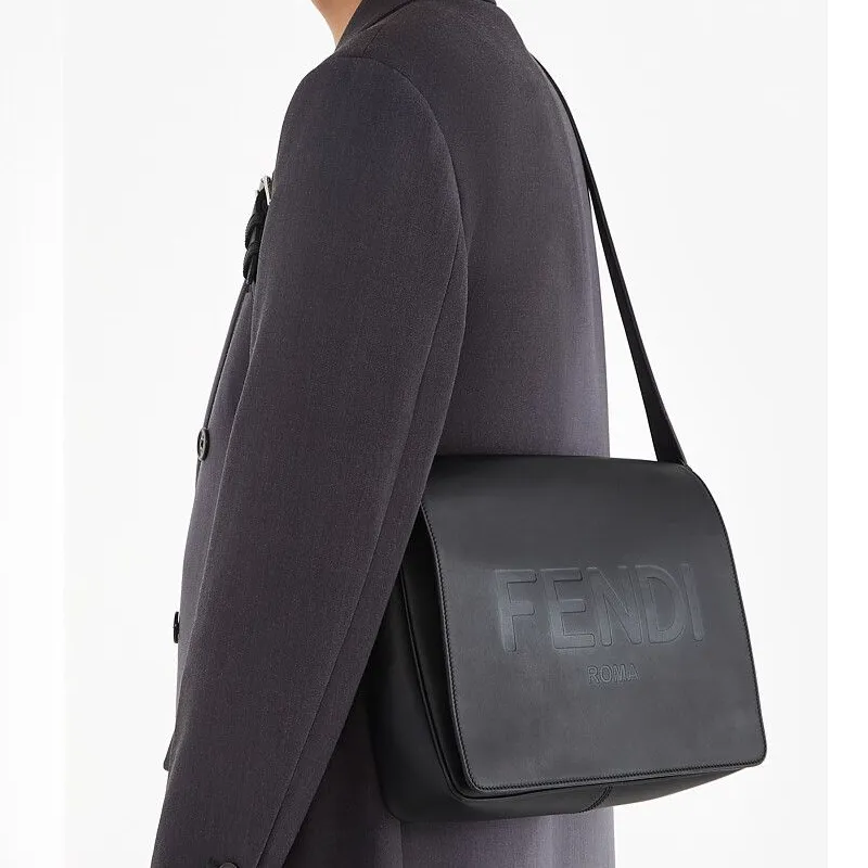 FENDI Calfskin Messenger Bag Crossbody Bag Shoulder Bag Men's Black-4
