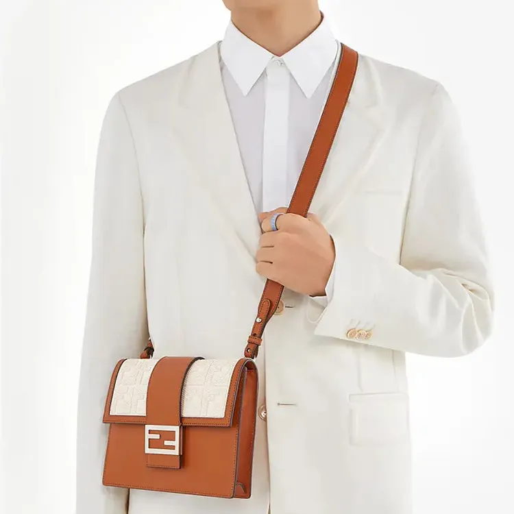 FENDI Baguette Polyester Suede Cotton Baguette Bag Shoulder Bag Crossbody Bag Medium Size Men's Brown/Ecru-4