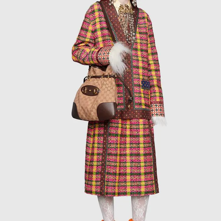 GUCCI Canvas With Leather Messenger Bag, Shoulder Bag, Crossbody Bag Women's Brown & Red & Gold-4