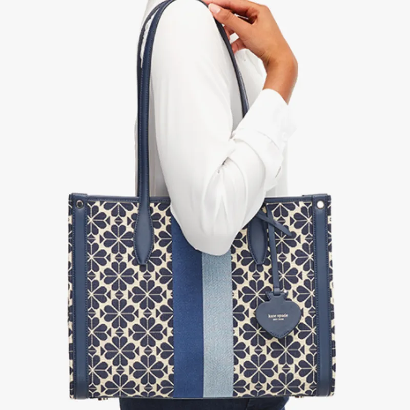 Kate Spade Market Fabric With Leather Tote Bag, Shopping Bag, Shoulder Bag, Handbag Medium Size Women's Blue White-3