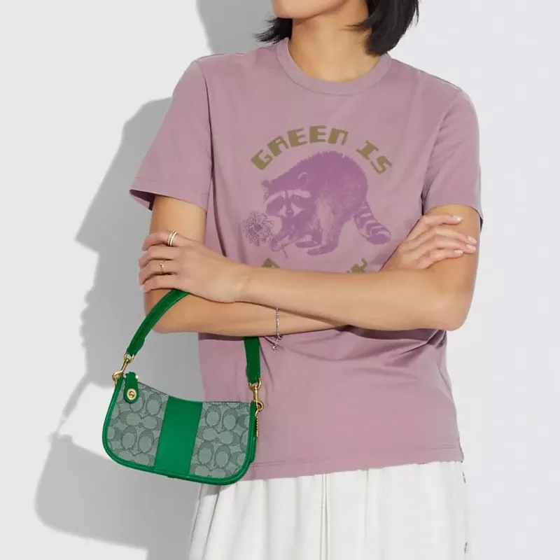 COACH Swinger Fabric With Leather Shoulder Bag Crossbody Bag Handbag Small Size Women's Green Monogram-5