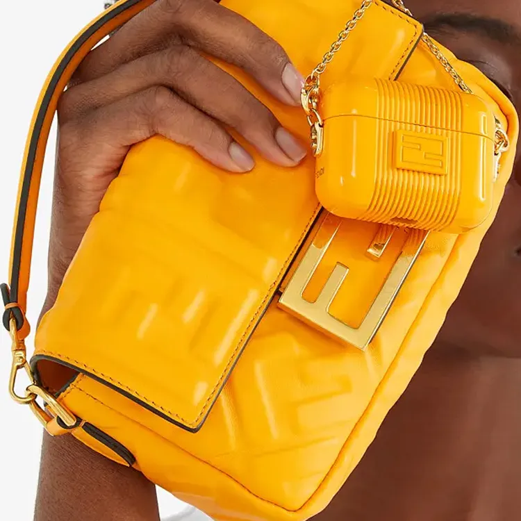 FENDI Baguette Fabric With Sheepskin Patchwork Baguette Bag Handbag Shoulder Bag Crossbody Bag Mini Women's Orange-4