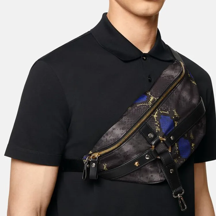 VERSACE Bondage Leather Crossbody Bags Fanny Pack Men's Black-3