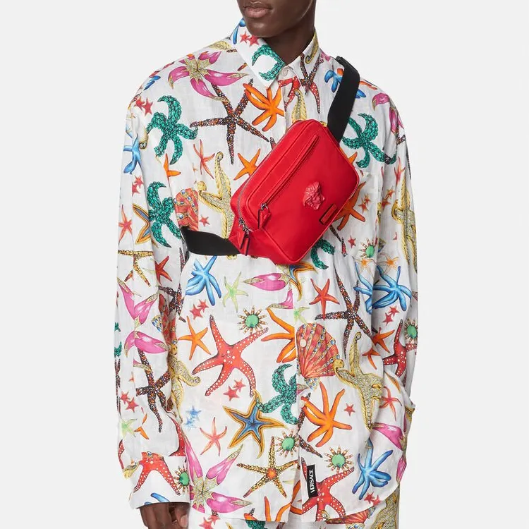 VERSACE La Medusa Fabric With Cow Leather Fanny Pack Men's Red-4