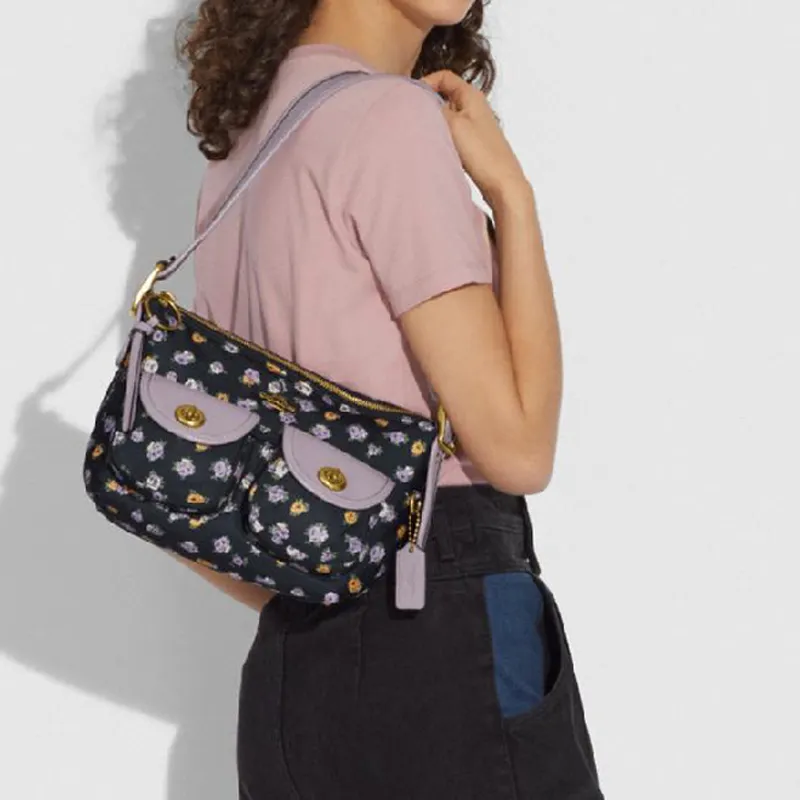 COACH Cargo Nylon Fabric Handbag Shoulder Bag Women's Black With Purple Print-4