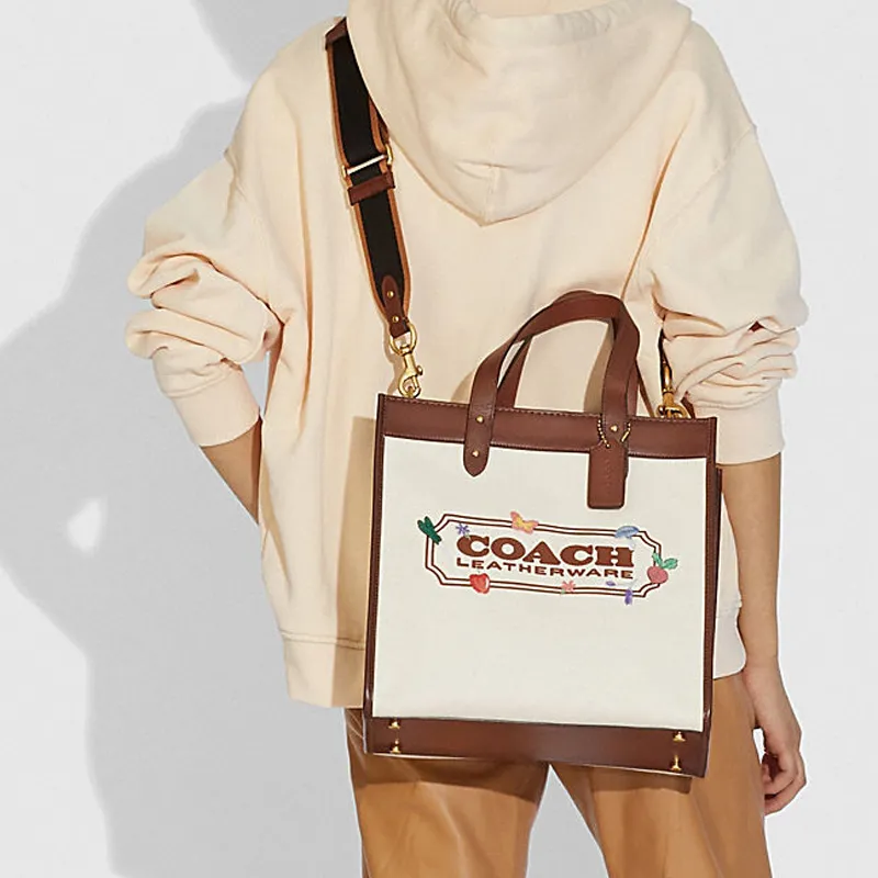 COACH Cow Leather Tote Bag Shopping Bag Shoulder Bag Crossbody Bag Handbag Large Size Women's Red Brown & Ecru-3