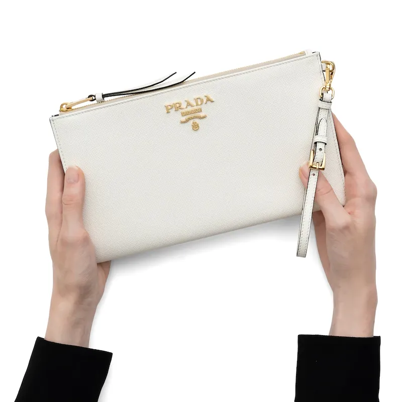 PRADA Saffiano Leather Clutch Women's White-4