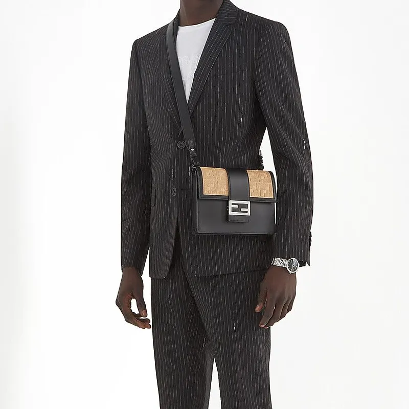FENDI Baguette Canvas With Leather Baguette Bag, Shoulder Bag, Crossbody Bag Medium Size Men's Black/Beige-4
