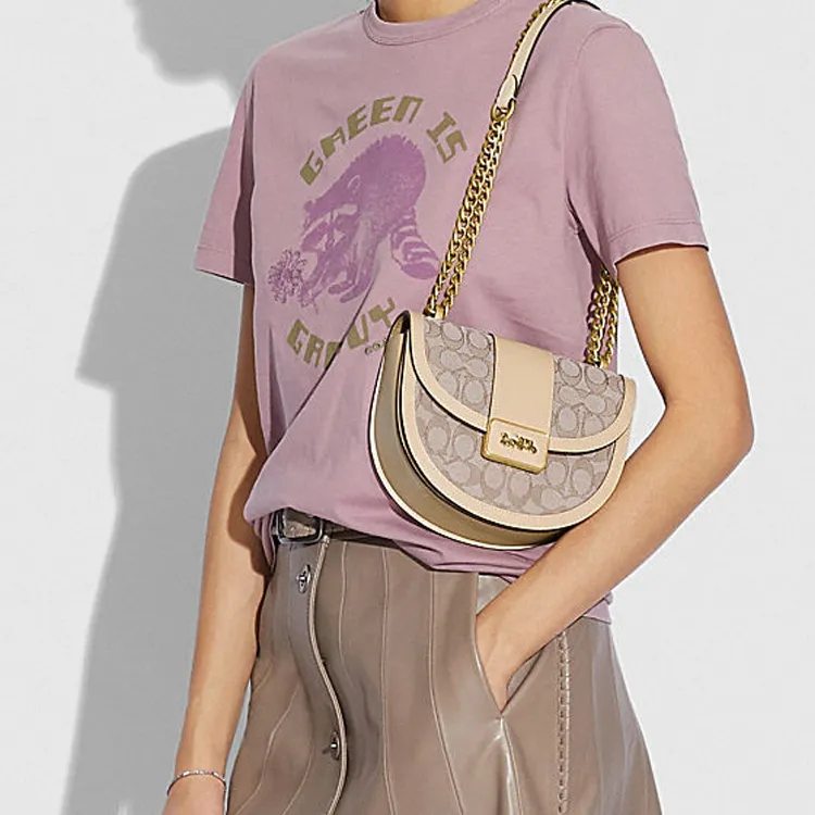 COACH Alie Canvas With Leather Saddle Bag, Shoulder Bag, Crossbody Bag Trumpets Women's Khaki White-4