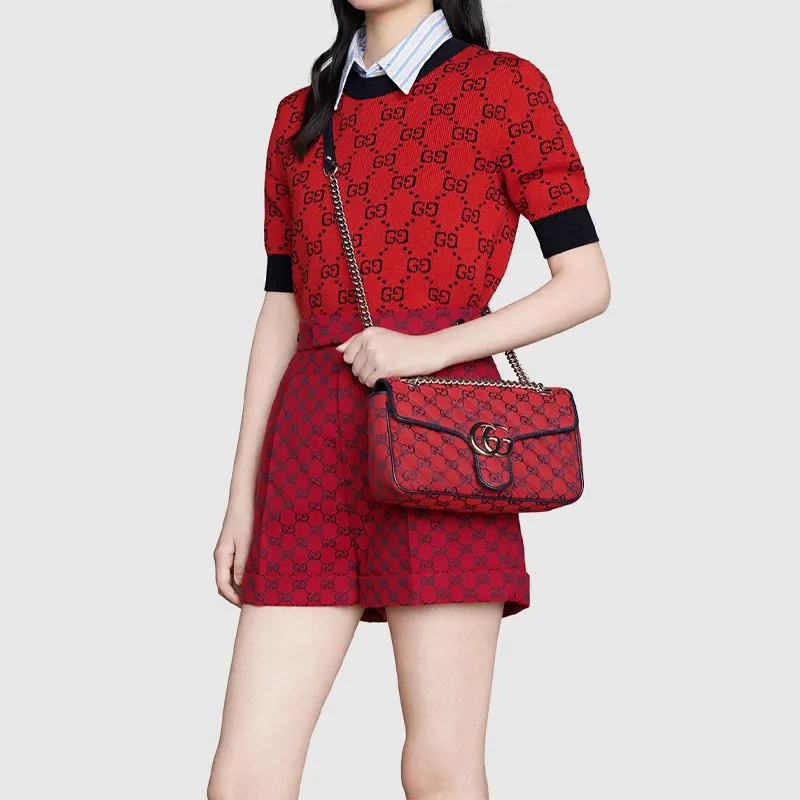 GUCCI GG Marmont Quilting Canvas With Multicolor Leather Trim Crossbody Canvas Bag, Shoulder Bag Women's-9