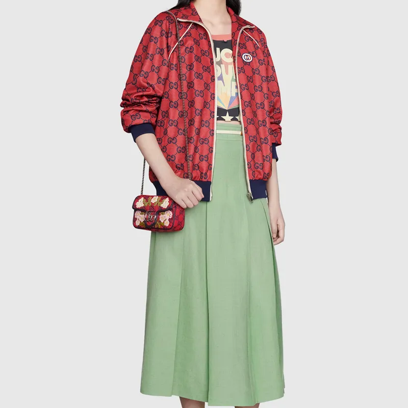 GUCCI Marmont Multicolor Leather Trim, Embroidered Canvas Chain Shoulder Bag, Crossbody Bag Mini Women's Red/Dark Blue-8