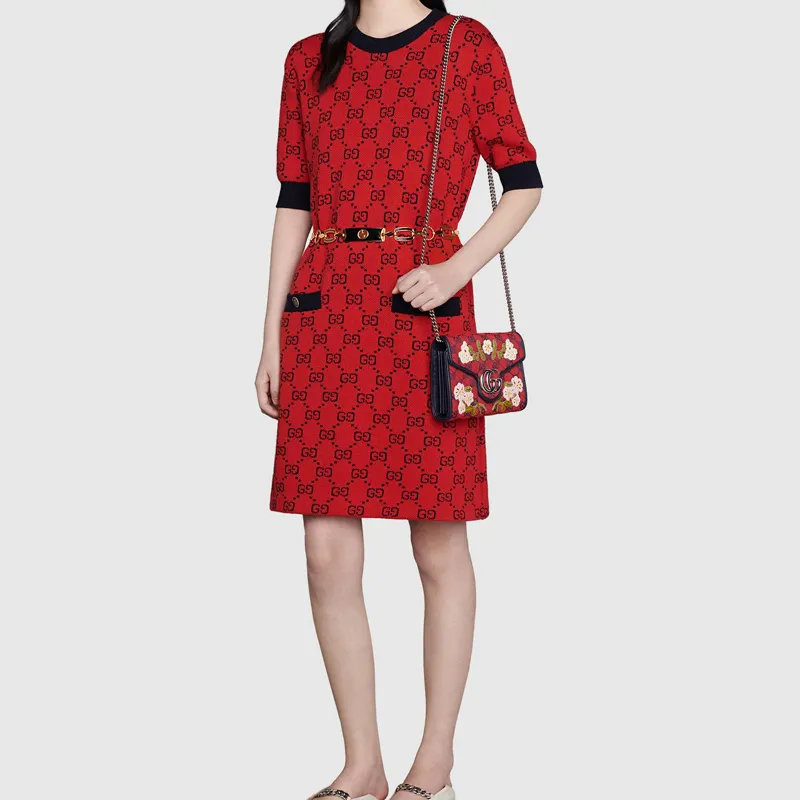 GUCCI GG Marmont Multicolor Leather Trim Quilting Canvas Chain Wallet Shoulder Bag Crossbody Bag Mini Women's Red/Blue-7