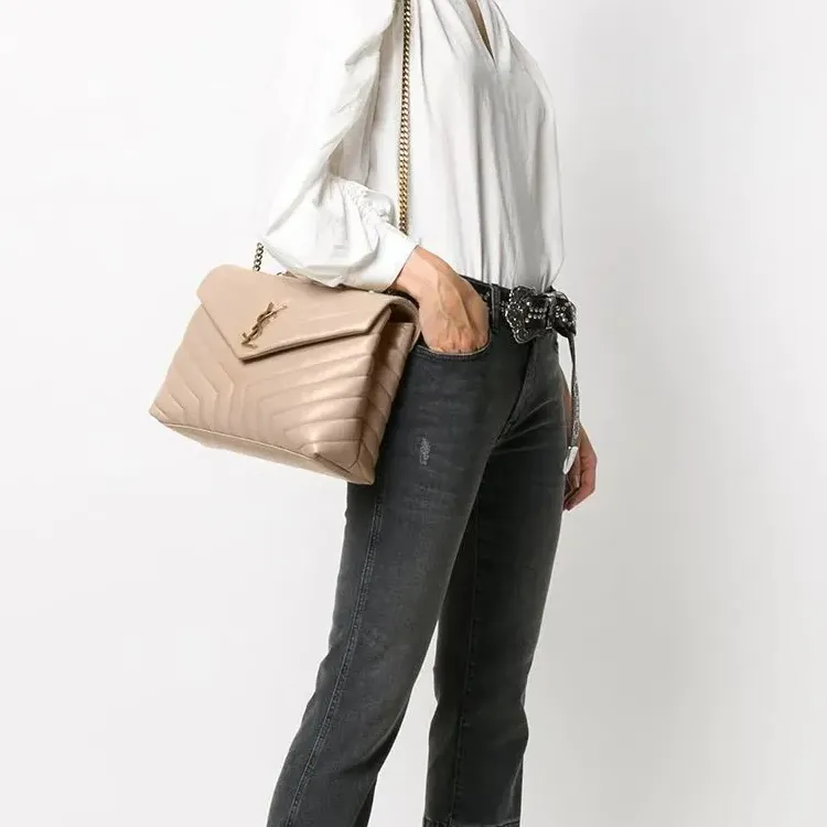 SAINT LAURENT LOULOU Quilted Leather Crossbody Bag, Shoulder Bag Medium Size Women's Beige-2