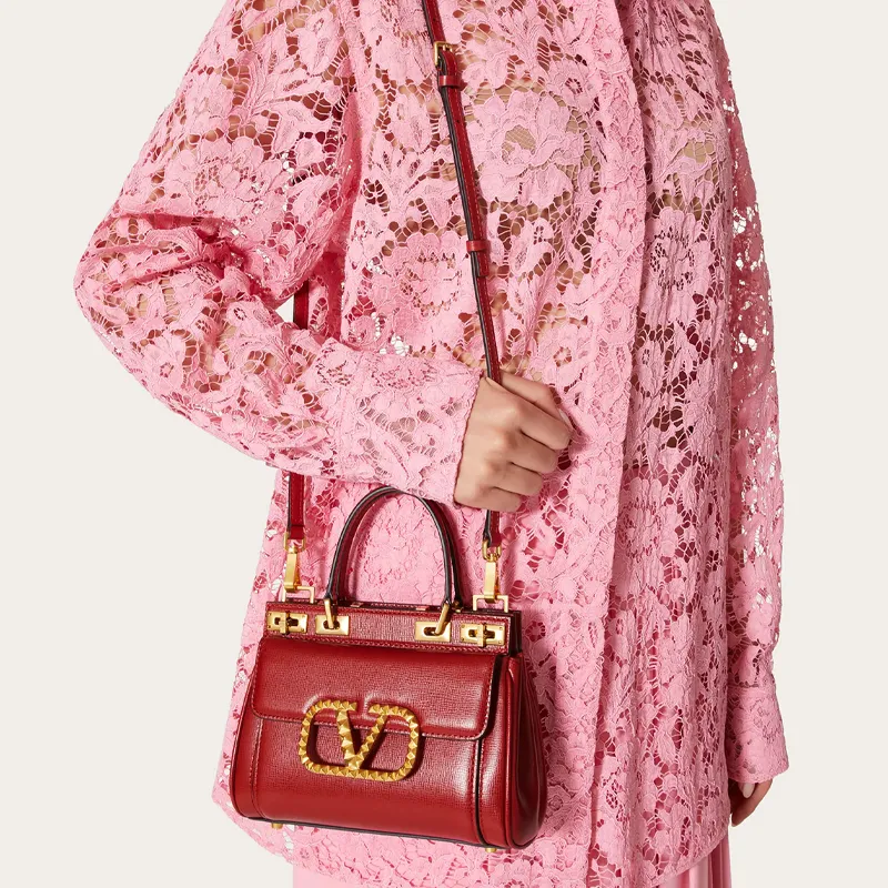 Valentino ROCKSTUD ALCOVE Grained Calfskin Handbag Small Size Women's Red-5