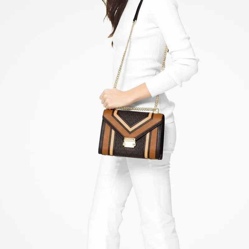 MICHAEL KORS Whitney Leather Envelope Bag Shoulder Bag Crossbody Bag Large Size Women's Dark Brown & Brown Monogram-4