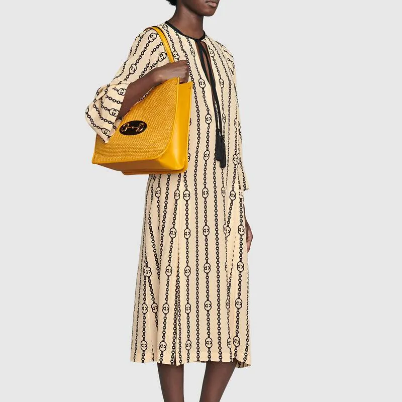 GUCCI Horsebit 1955 Straw Woven With Leather One Shoulder Handbag Women's Yellow-8