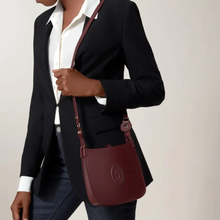 CARTIER Calfskin Hobo Shoulder Bag, Crossbody Bag Mini Women's Burgundy-4