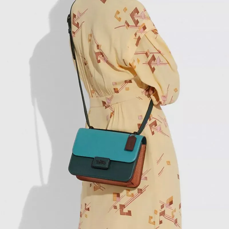 COACH Alie Leather Shoulder Bag, Crossbody Bag, Small Square Bag Women's Vintage Cyan-4