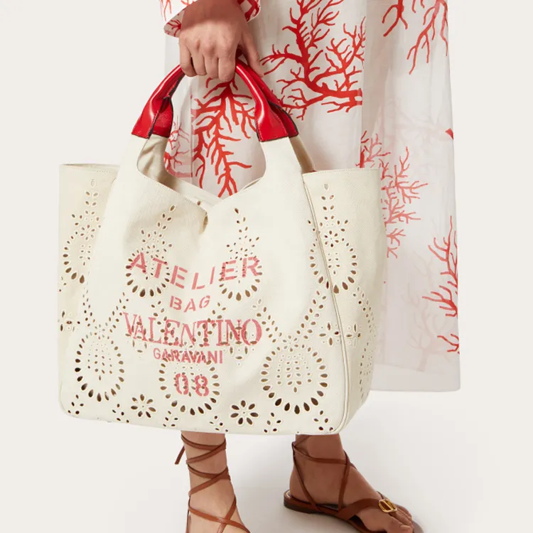 Valentino GARAVANI Canvas Canvas Bag Tote Bag Shopping Bag Handbag Large Size Women's Beige/Red-5