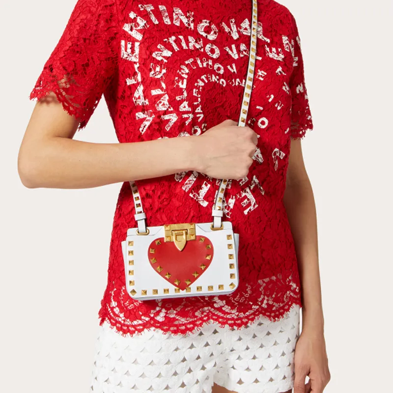 Valentino Cow Leather One Shoulder Crossbody Clutches Women's White/Red-4