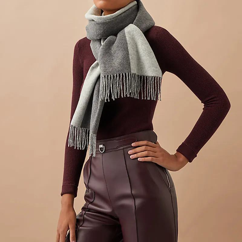 HERMES Knit Scarves Unisex Charcoal Gray Light Gray-1