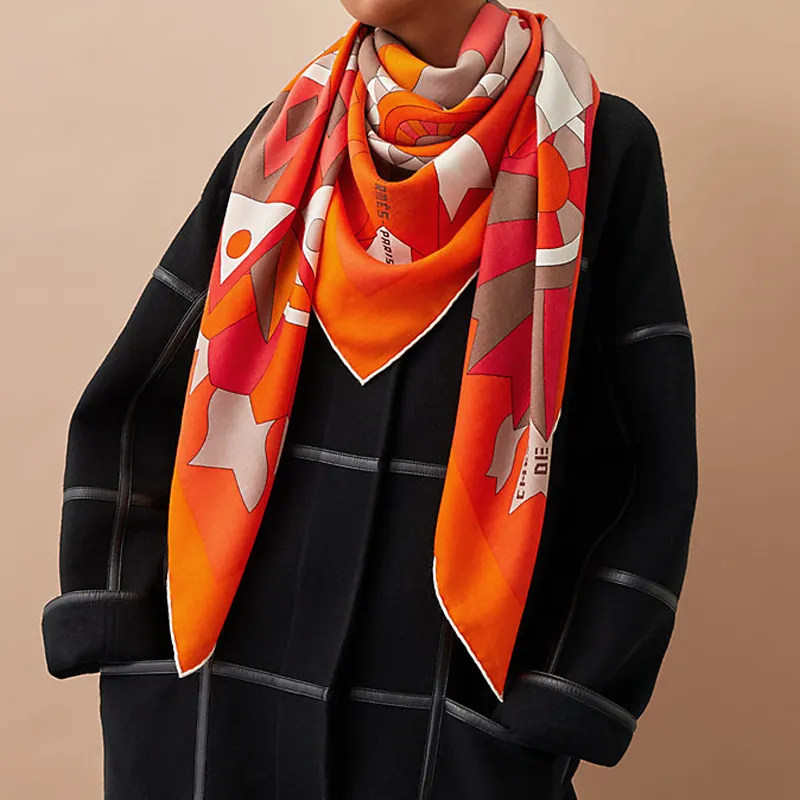 HERMES Celebration Steed Silk Scarves Women's Orange Vermilion-1