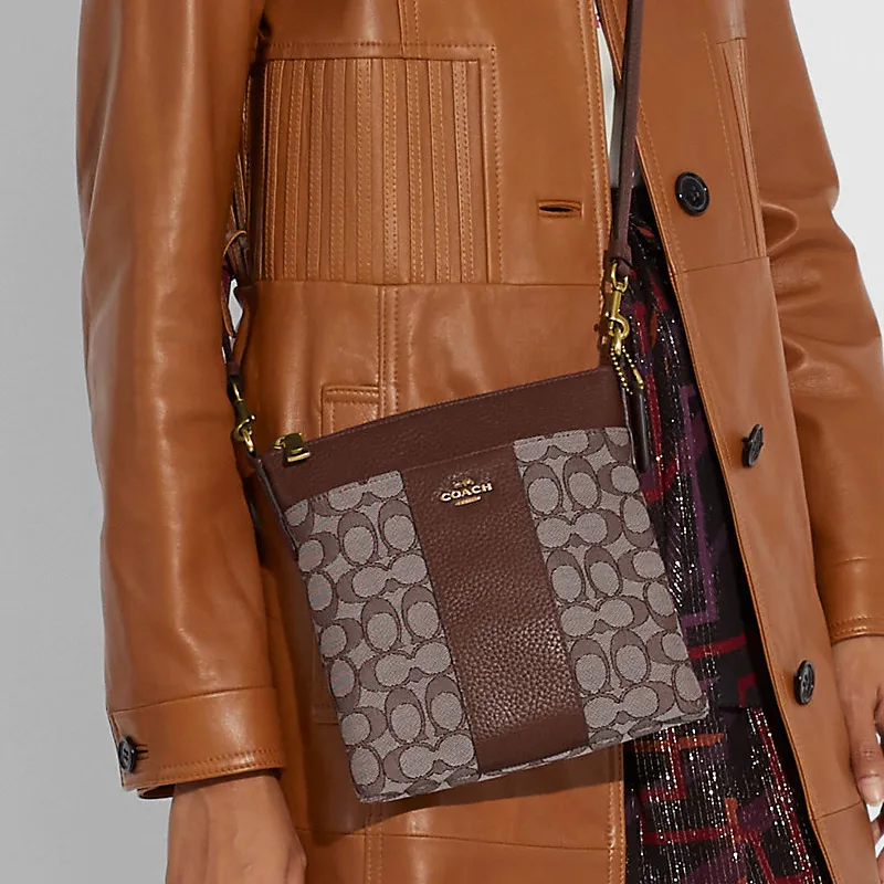 COACH Kitt Leather Messenger Bag Crossbody Bag Trumpets Women's Brass/Oak Maple Brown Red & Monogram-2