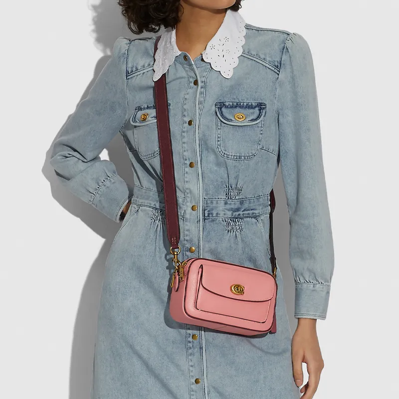 COACH Willow Pebbled Leather Camera Bag Shoulder Bag Crossbody Bag Women's Brass With Candy Pink Multicolor-4