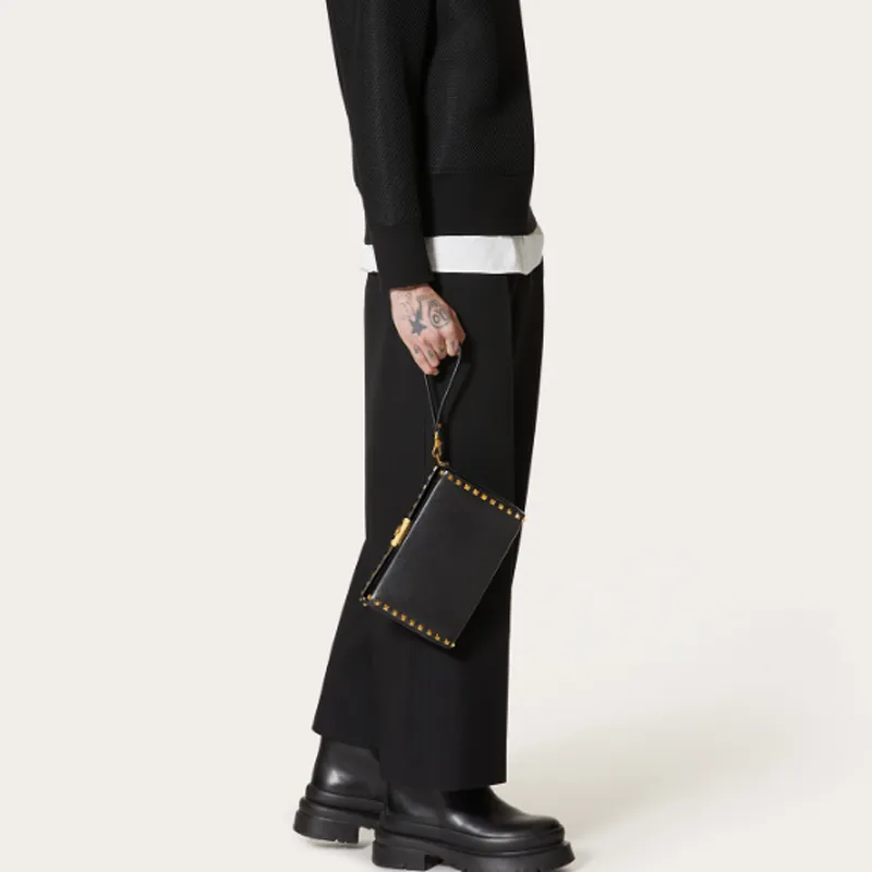 Valentino Rockstud Alcove Grained Calfskin Handheld Handbag Shoulder Bag Crossbody Bag Men's Black-5