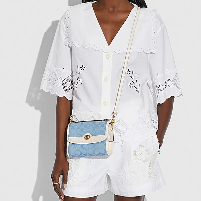 COACH Kip Fabric With Cow Leather Messenger Bag, Handbag, Shoulder Bag, Crossbody Bag Trumpets Women's Blue Monogram-4
