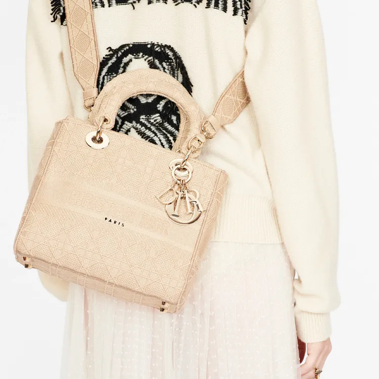 DIOR Lady D-Lite Canvas Daisie Bag Handbag Medium Size Women's Beige-5