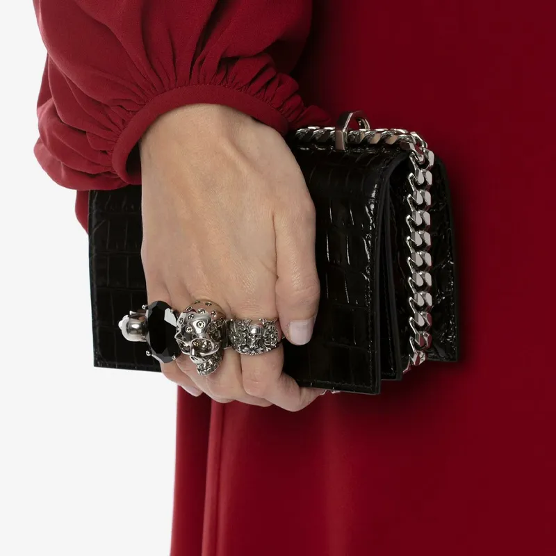 Alexander McQueen Crocodile Embossed Calfskin Handheld Shoulder Bag, Crossbody Bag Mini Women's Black-4